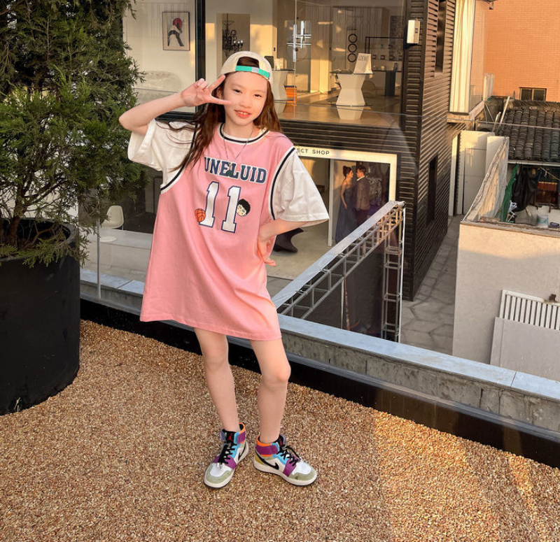 PearlPiggy Children's Clothing Girls Short-sleeved T-shirt Dress Summer  Medium and Large Children's Mid-length Cotton Dresses