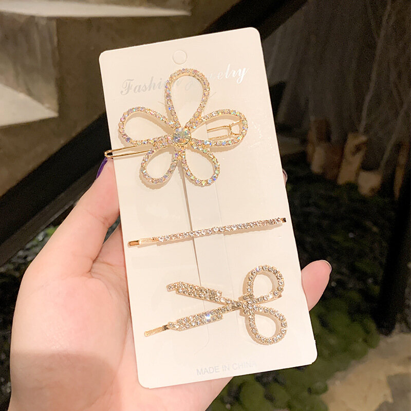 3Pcs Flower Rhinestone Women Barrettes Crystal Shinning Hair Clips for Girls Creative Korean Style Princess Hair Accessories