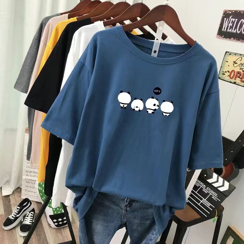 【M-6XL】150KG Can Wear 95%Cotton Big Plus Size Oversize Womens Girls Lovely Cartoon Animal Print Short Sleeve T-Shirt Loose Casual Soft Lovely Style Top Summer