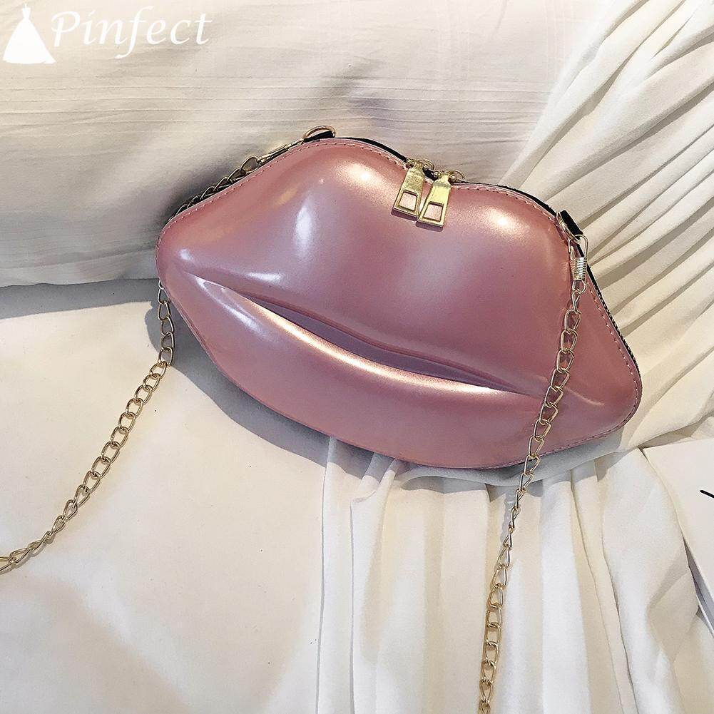 [Pinfect] Fashion Women Solid Color Lips Women PVC Crossbody Handbags Chain Messenger Bags Shoulder Evening Party Clutch