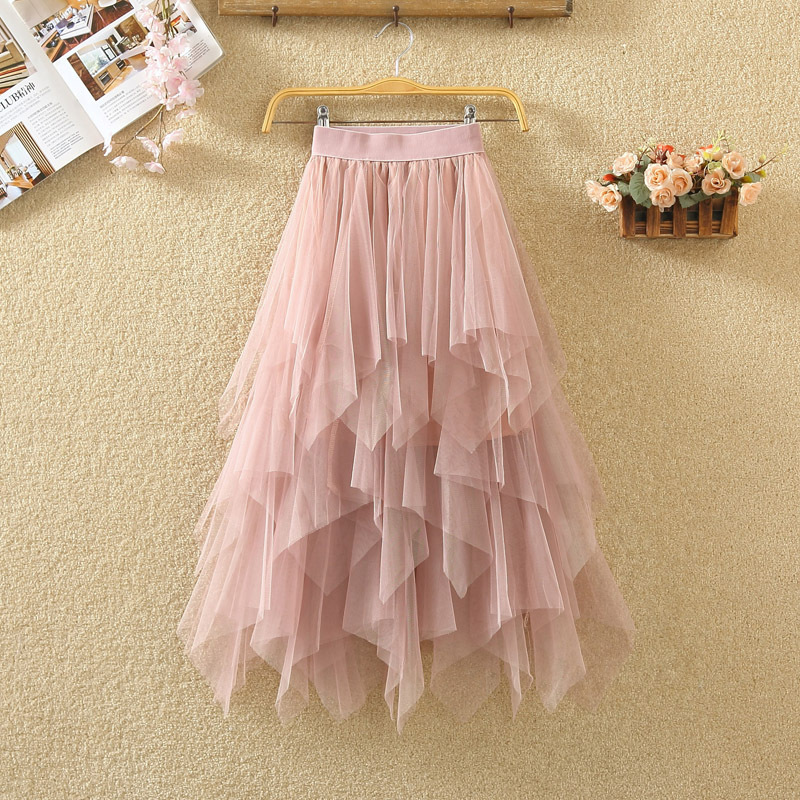 LETIAN Women Girls Summer Pleated High Waist Layered Elastic Adult Tulle Skirt Mesh Ladies Black/ Pink Midi Skirt