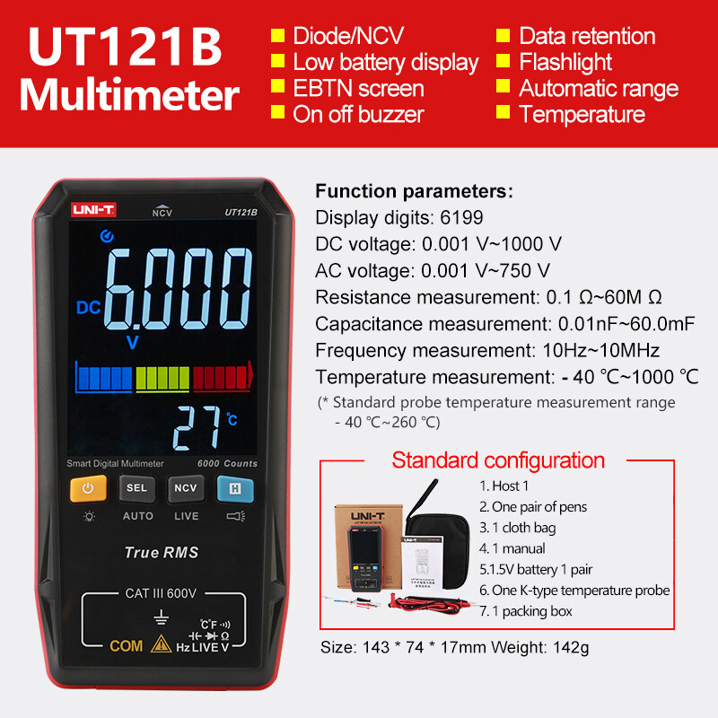 UNI-T Smart Digital Multimeter UT121A UT121B UT122 AC DC Voltage Tester  Multimeter True RMS Digital Capacimeter Frequency Meter - Lazada | Lazada