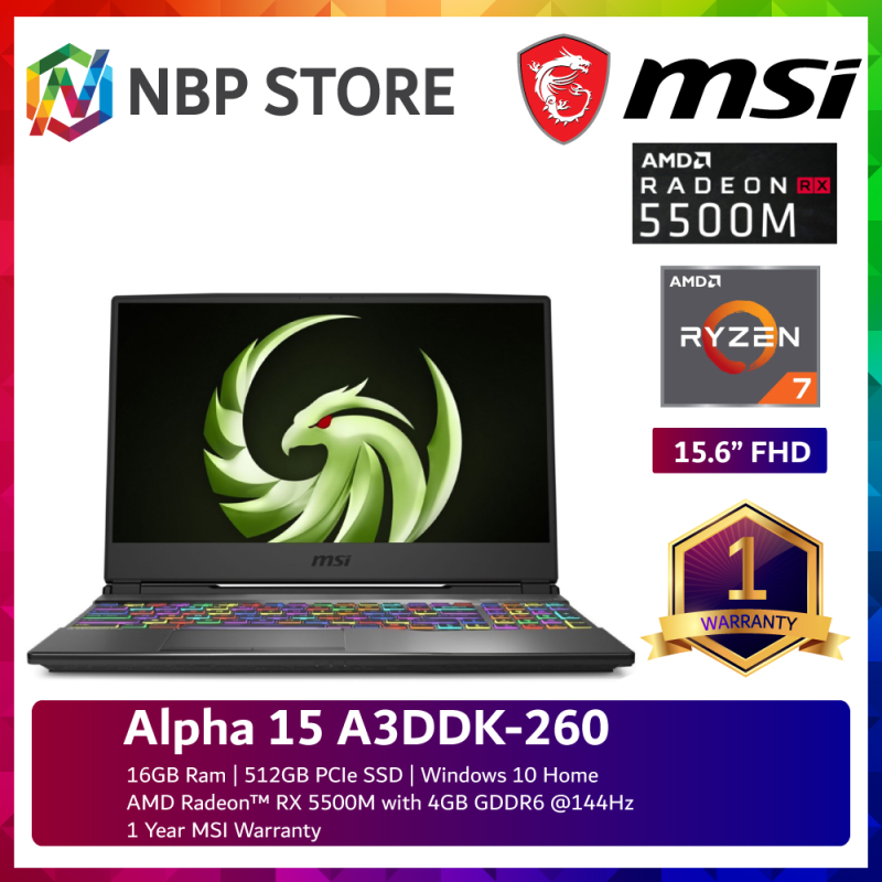 MSI Alpha 15 A3DDK-260 15.6 FHD 144Hz Gaming Laptop ( Ryzen 7 3750H, 16GB, 512GB SSD, RX5500M 4GB, W10 ) Malaysia