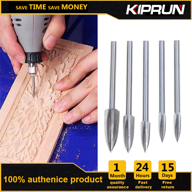 [Ready stock] KIPRUN 5PCS Wood Engraving Drill Bit Set Steel Solid Carbide Grinding Burr For Woodworking Drilling Carving Engraving, Milling Cutters White Steel Sharp Edges Woodworking Tools Three Blades Wood Carving