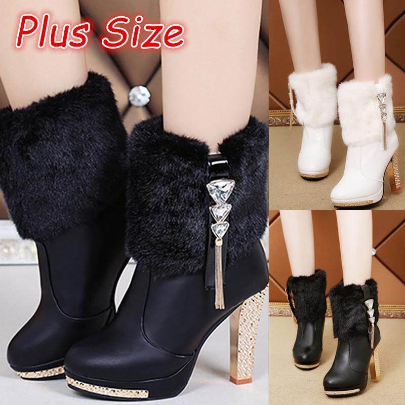 Plus Kích Thước WomWomens Thu Giữ Ấm Mùa Đông Ngắn Giày Cao Gót Boot Bottes (Đen/Trắng)