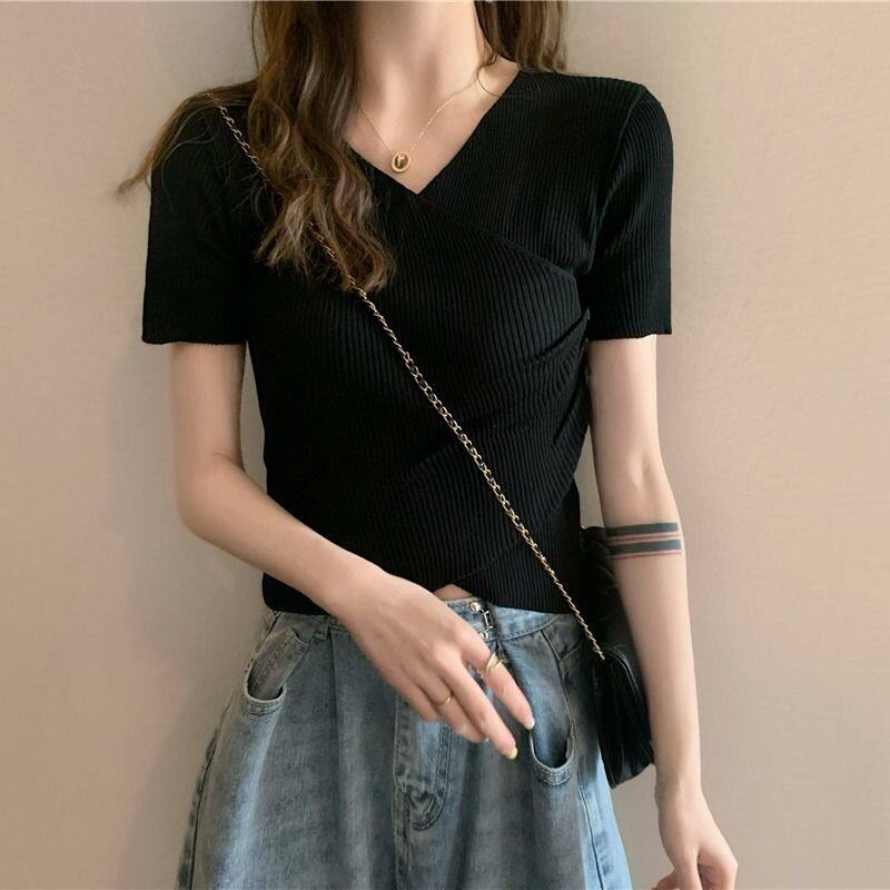 SHUFU 2001 Ready Stock short sleeve chiffon blouse for women korean plain casual tops irregular v neck top plus size croptop