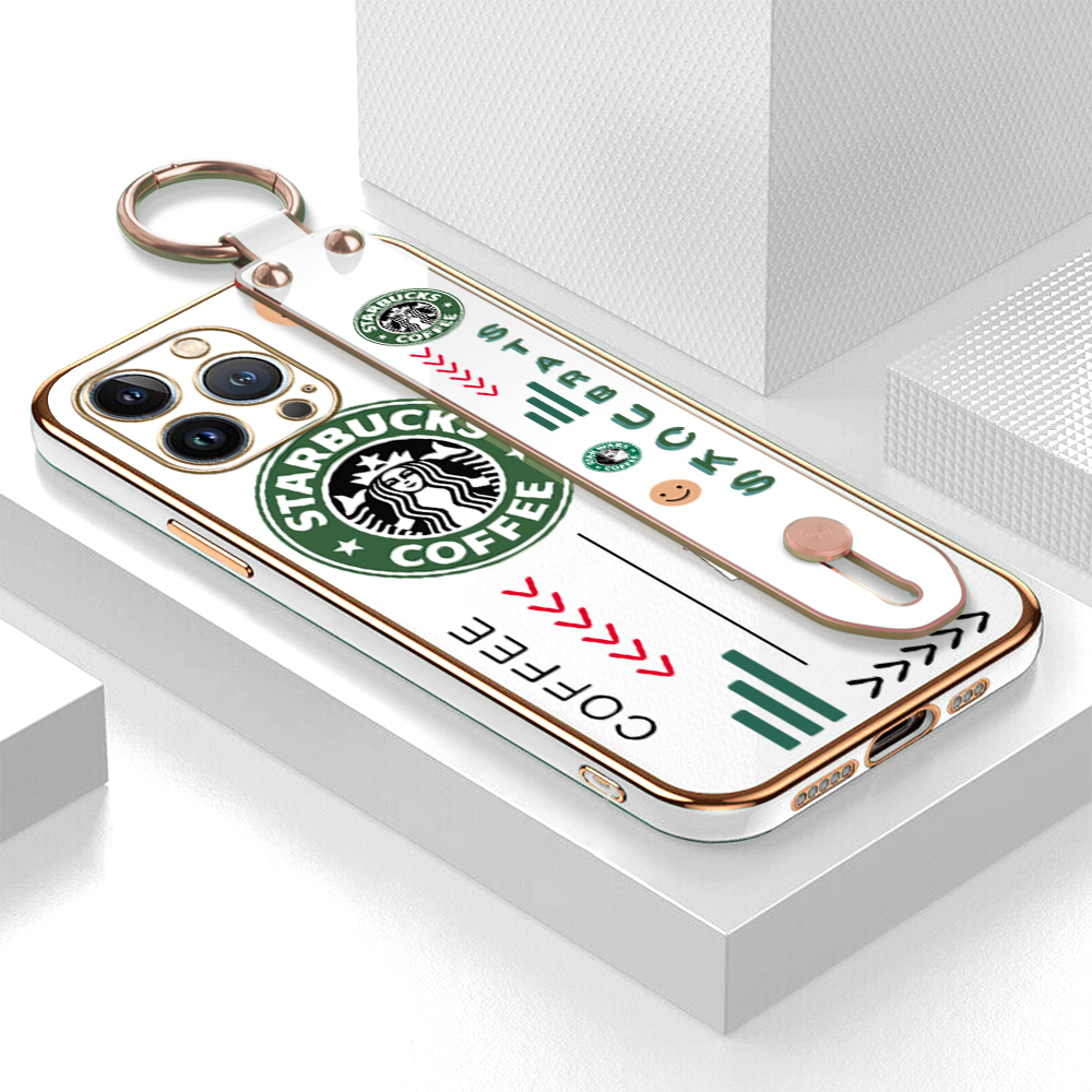 (With Wristband) Hontinga Casing Case For iphone 11 Pro Max 12 Mini 12 Pro Max 13 Mini 13 Pro Max Case Cartoon Cute Starbucks Luxury Chrome Plated Soft TPU Square Phone Case Full Cover Camera Protection Anti Gores Rubber Cases For Girls