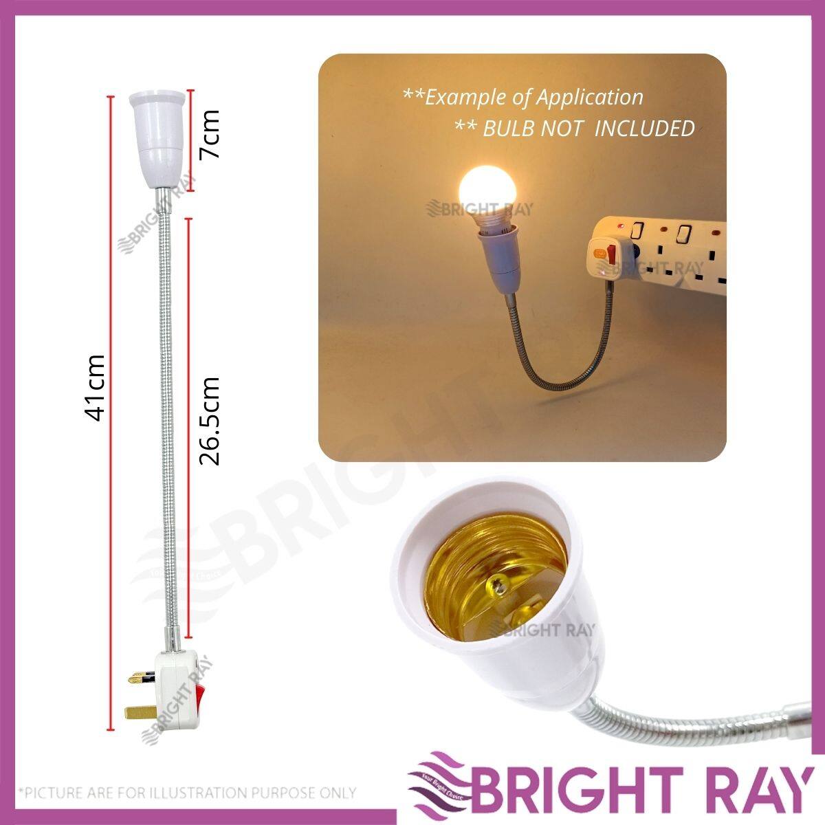 8"/ 15" 13A 3pin Plug Top E27 Light Bulb Lamp Holder Bendable Flexible
