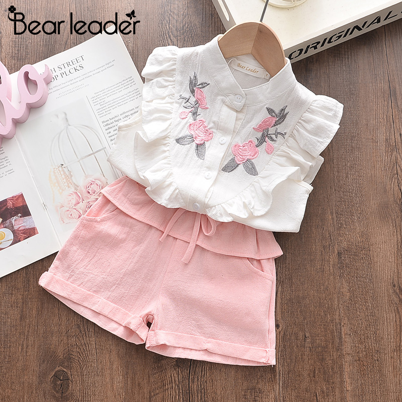Bear Leader Girls Sets Outfits 2024 Summer Kids Beautiful Floral Children O-neck Clothing Suit Embroidered Flower sleeveless T-shirt + Shorts White 2Pcs Baby Toddler Clothes For 3-7 Years