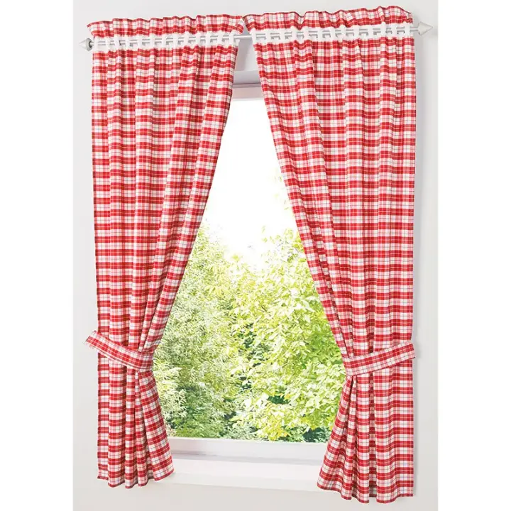 Past Red Blue Plaid Short Curtains, Short Curtains For Bedroom