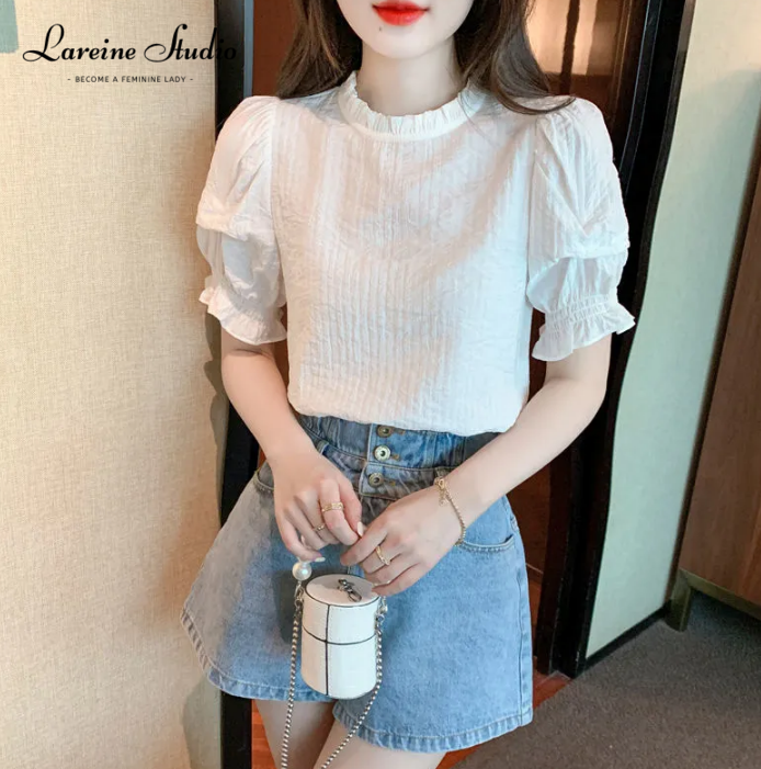 Lareine Áo Thun Cổ Tròn Tay áo bong bóng phong cách thường ngày Hàn Quốc Áo cánh nữ áo tay lửng xếp li Áo khoác Blouse Màu trơn