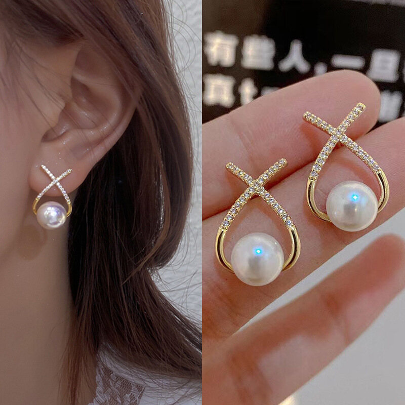Frascati New Arrival Trendy Light Luxury X Letter Simulated-pearl Cross Earrings For Women Water Drop Crystal Pendant Jewelry