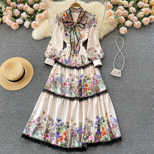 Gorgeous and Elegant Palace Style Elegant Floral High-end Dress Lace Bow Self-cultivation Lace Over-the-knee Dress