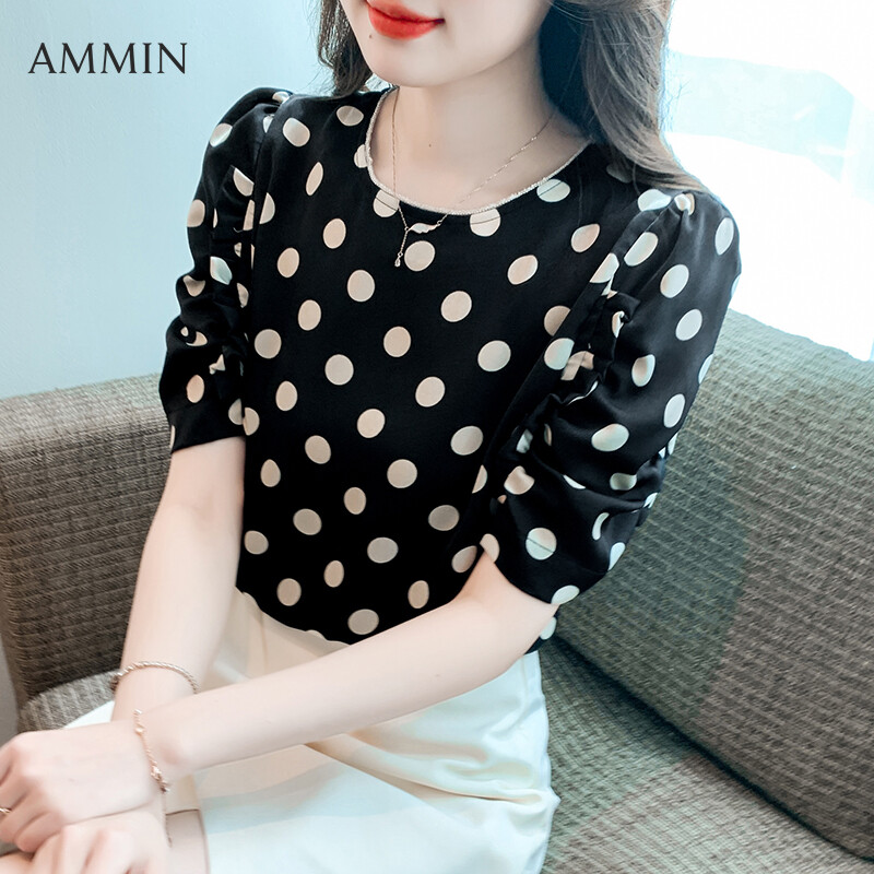 AMMIN 2023 summer new fashion diamond-studded bright diamond patchwork round neck short sleeve chiffon shirt women's Korean style polka dot print sweet ruffled puffy sleeve elegant blouse