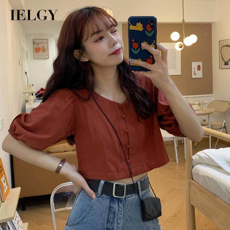 IELGY Women's clothes retro square collar black all-match Korean shirt casual fashion sleeves