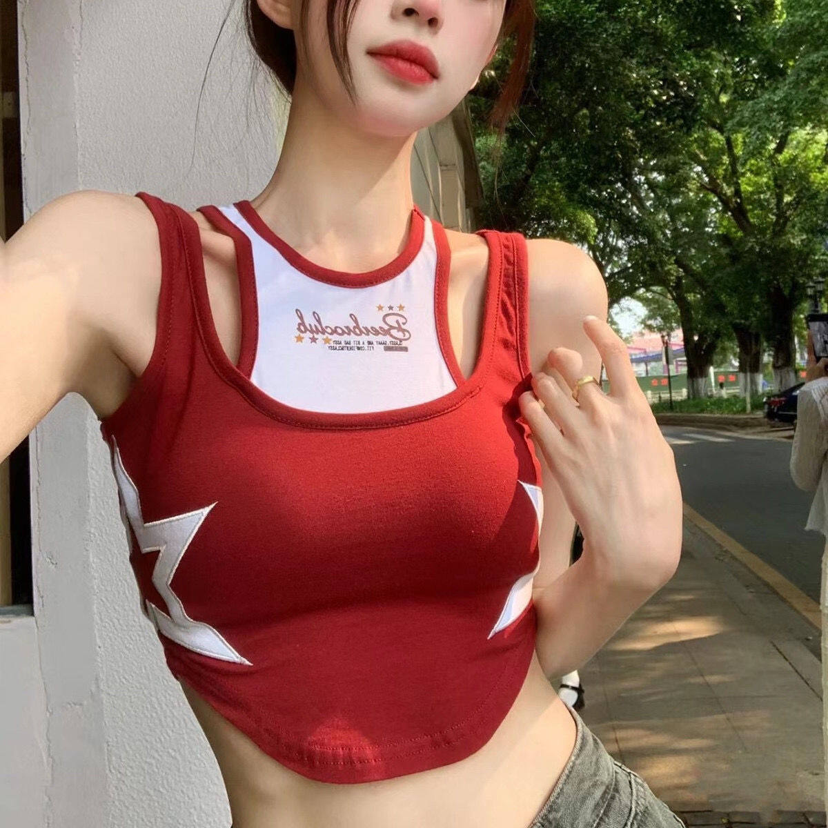 Vintage Fake Two Piece Spicy Girl Tank Top Women's Summer Outwear Top