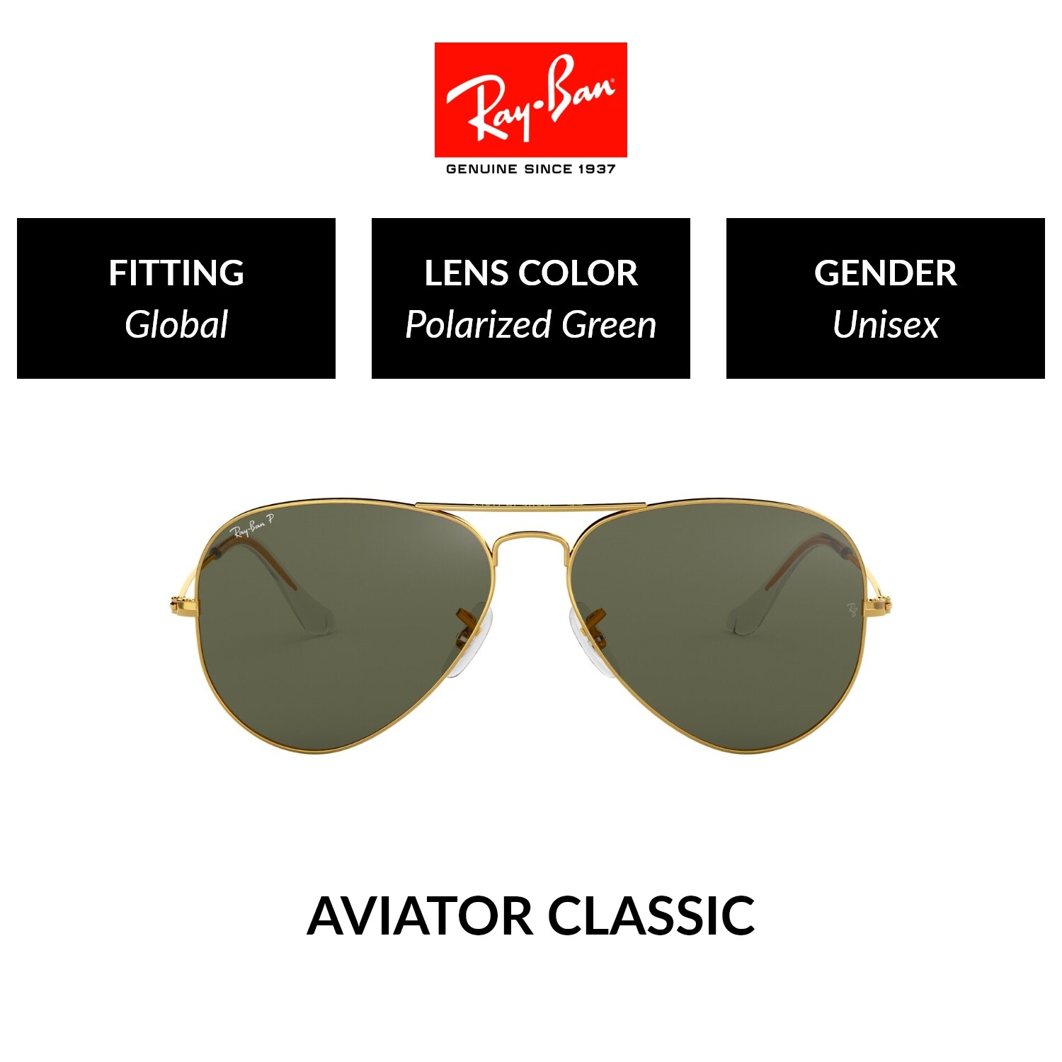 Ray-Ban- AVIATOR LARGE METAL -RB3025 001/58- Unisex Global Fitting-  POLARIZED- Sunglasses- Size 55-62mm | Lazada PH