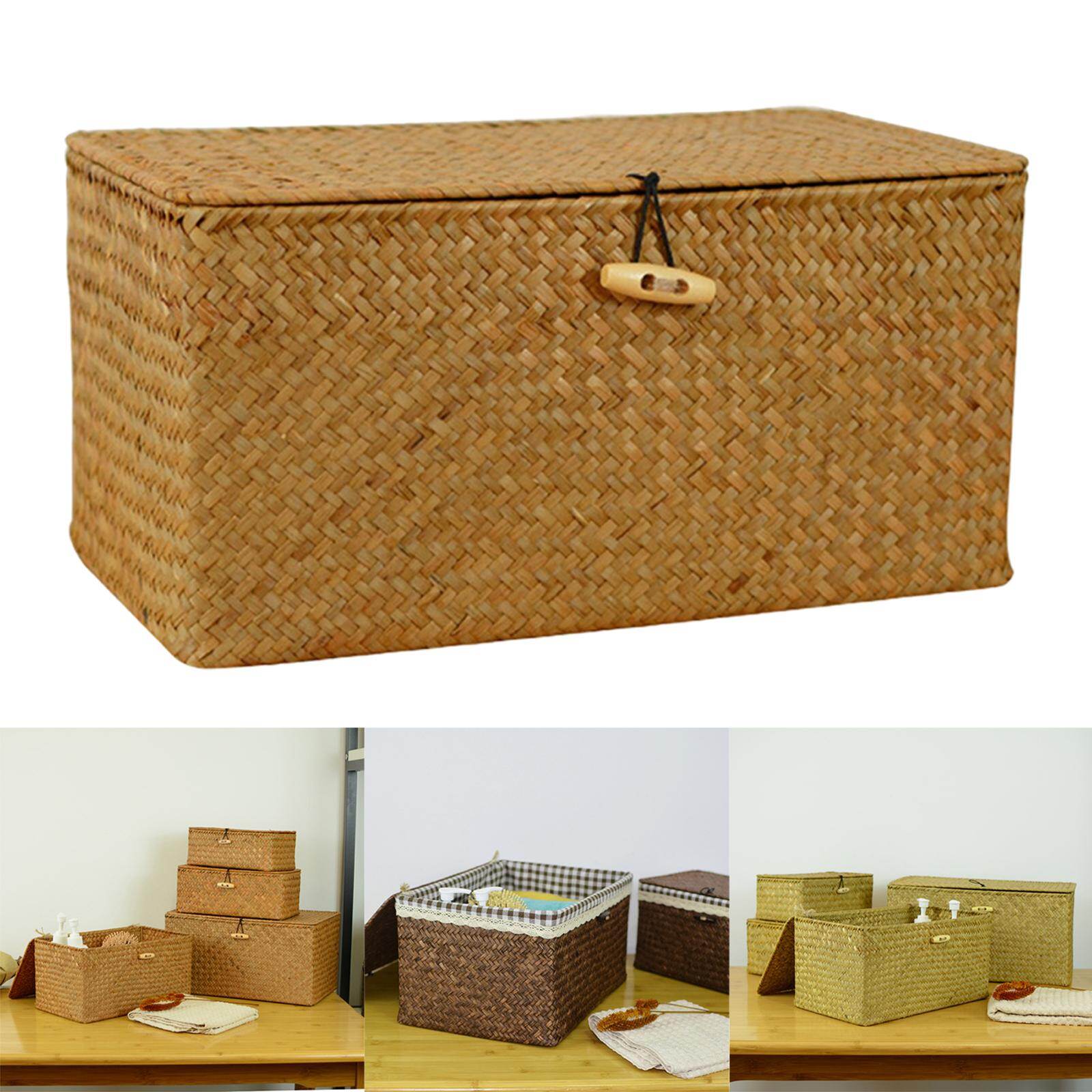 Baoblaze Wicker Baskets with Lids, Nautral Seagrass Storage Baskets, Woven Rectangular Basket Bins, Rattan Storage Organizer for Shelf