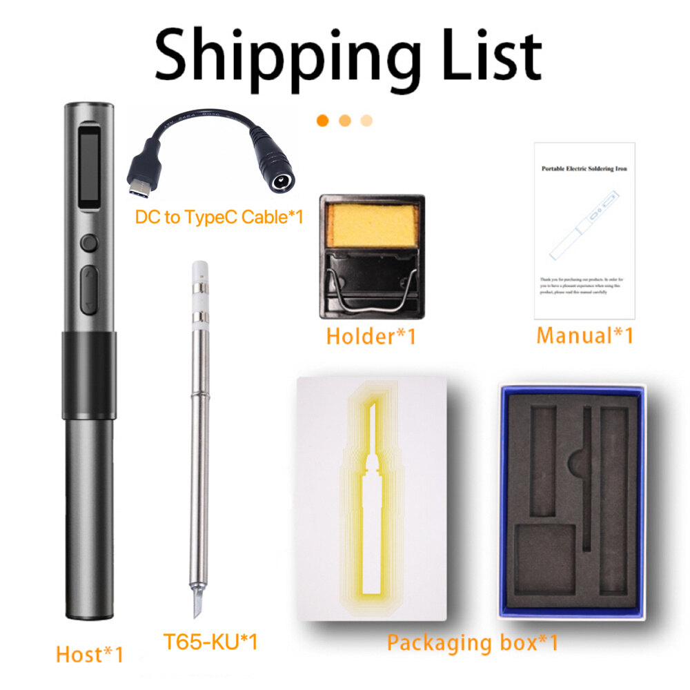 T65 Smart Electric Soldering Iron Set with 1pc Heating Cores Adjustable Temperature 150~450℃ Fast Heating 65W Welding Tools Auto Sleep PD+QC Fast Charging Aluminum Alloy Handle
