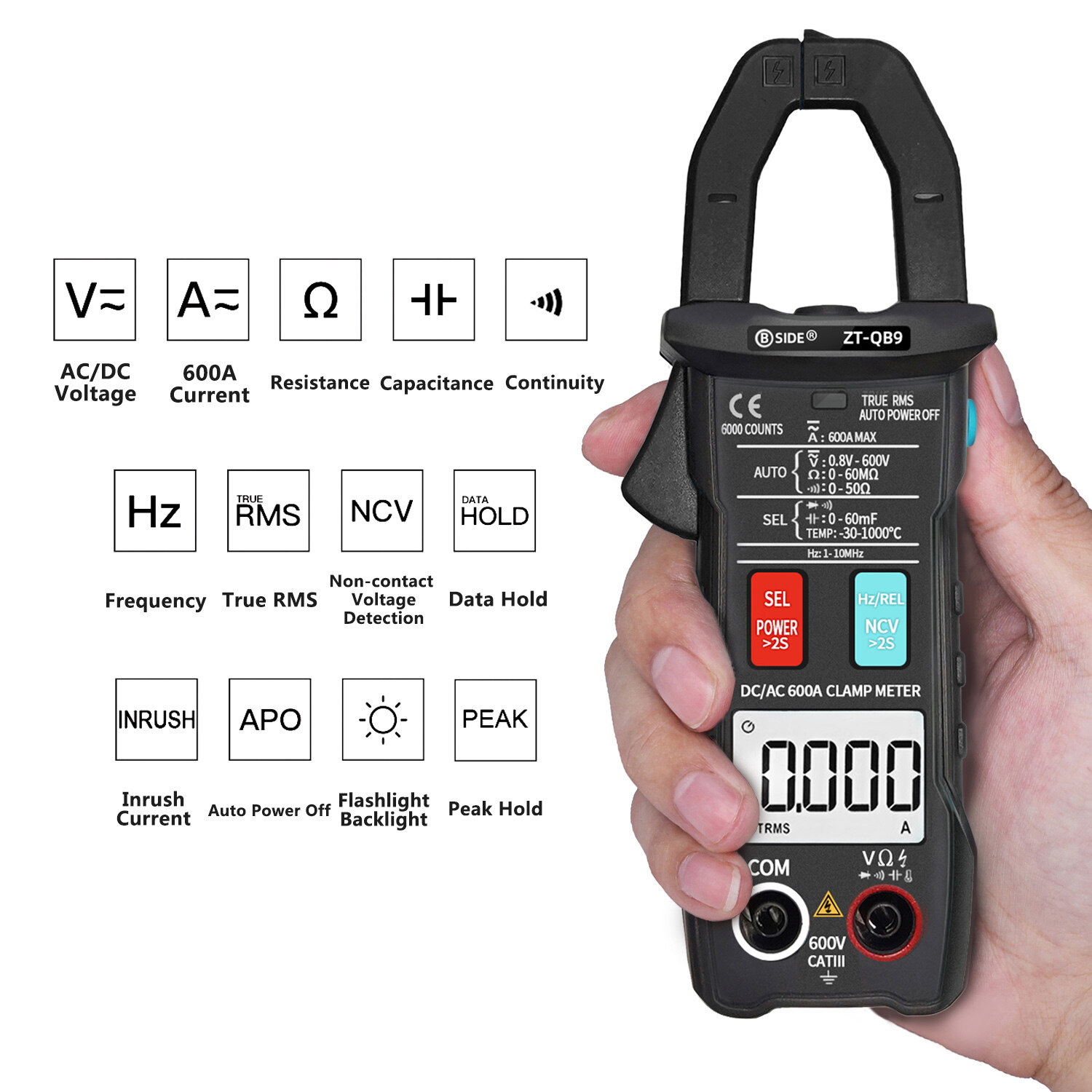Meterk BSIDE 6000 Counts Digital Clamp Meter True RMS Multimeter Ammeter AC DC Voltage Current Meter NCV Test Universal Meter Tester Current -30~1000°C Resistance Capacitance Frequency Diode