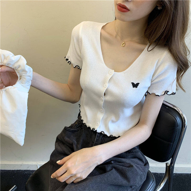Crop Top for women korea style high waist cute Butterfly Knit cardigan