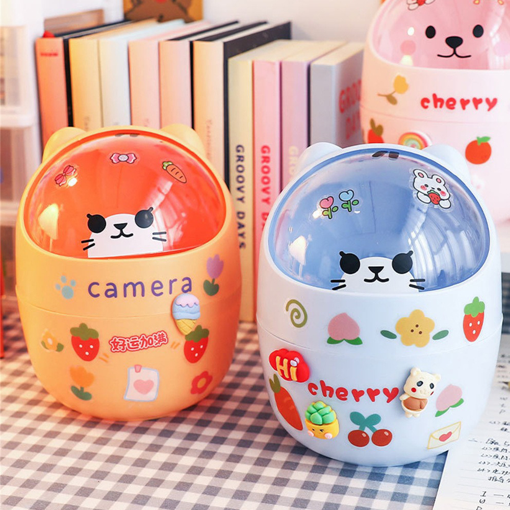 Creative Home Desktop Mini Trash Can Cover Storage Bucket Trash Can Practical Garbage Waste Bins Bag Holder Kitchen Bathroom Bedroom (with trash bag&sticker