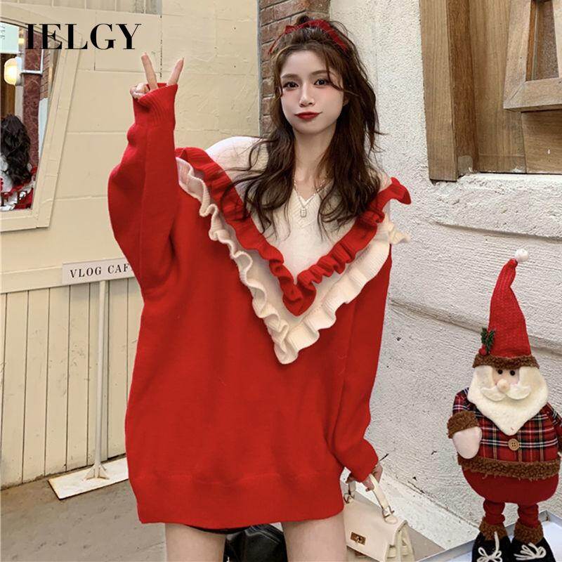 IELGY women's christmas v neck sweater ruffle loose warm pullover