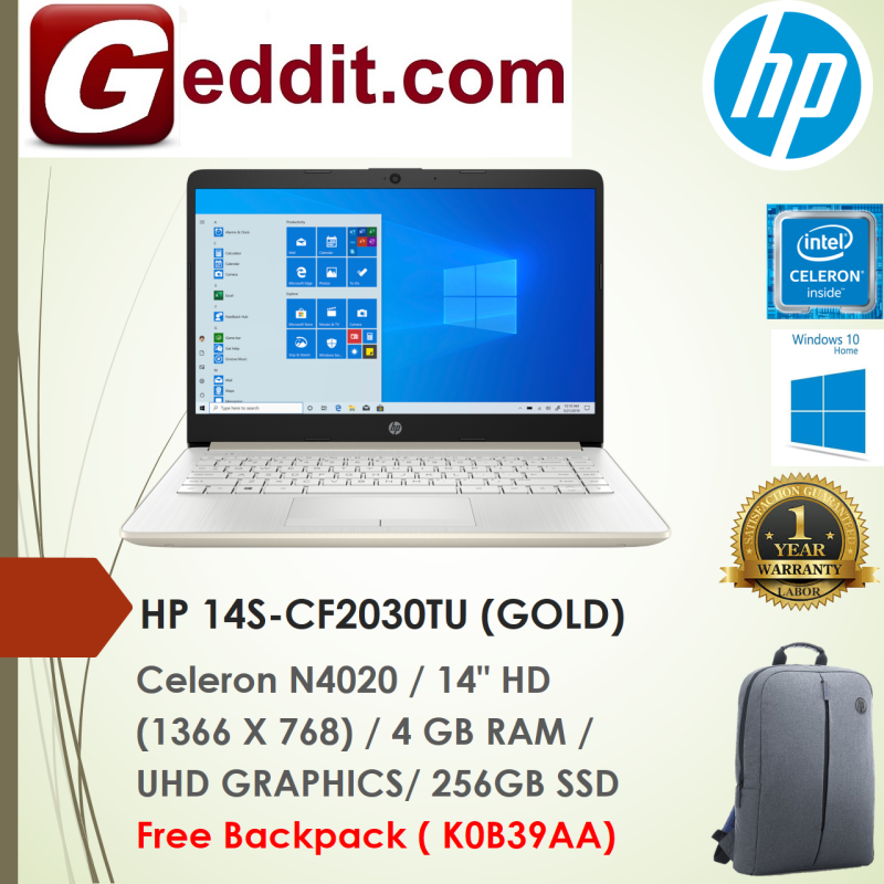 HP 14S-CF2029TU (Silver) / 14S-CF2030TU (Pale Gold) LAPTOP (CELERON N4020,4GB,256GB,14 HD,UHD GRAPHICS,WIN10) FREE BACKPACK Malaysia