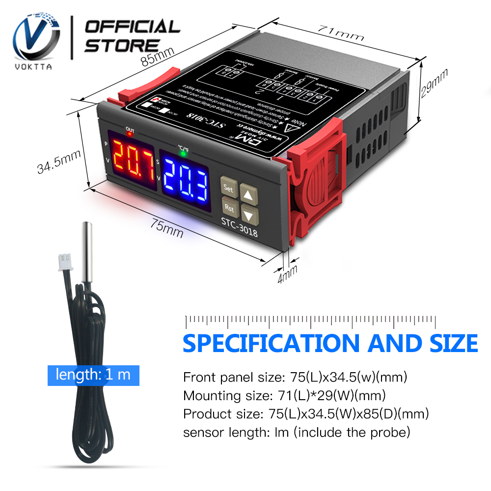VOKTTA Bộ Điều Khiển Nhiệt Độ Chính Xác Cao STC-3018 Bộ Điều Nhiệt Màn Hình Kỹ Thuật Số Cảm Biến NTC AC110V-220V Phạm Vi Kiểm Soát Nhiệt Độ-55 ℃ ~ + 120 ℃ Đầu Ra Rơ Le