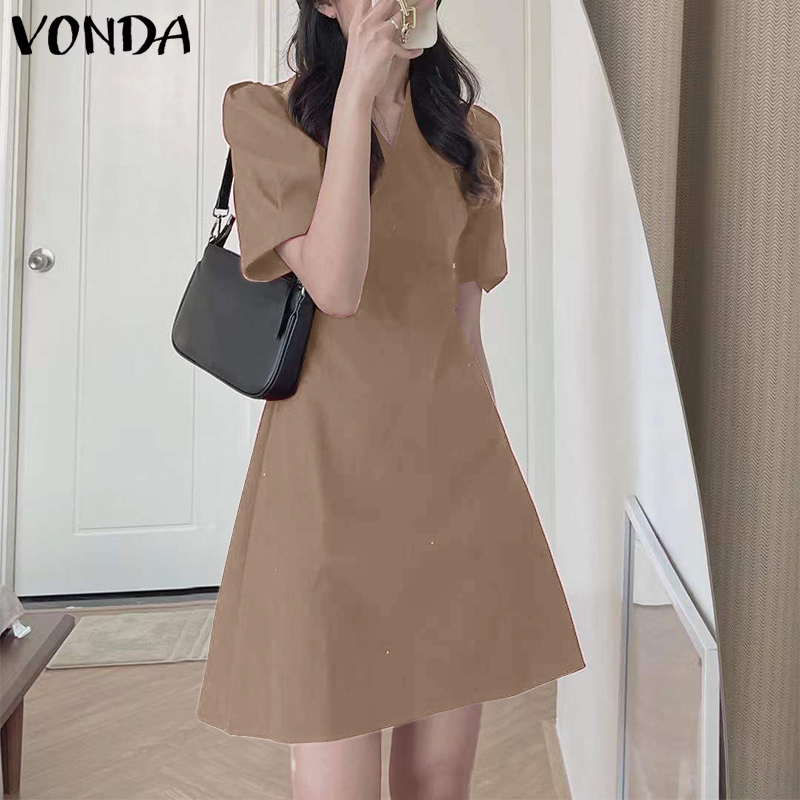 VONDA Women Short Sleeve V Neck Holiday Party Dress Summer Pleated Mini Dresses (Korean Causal)