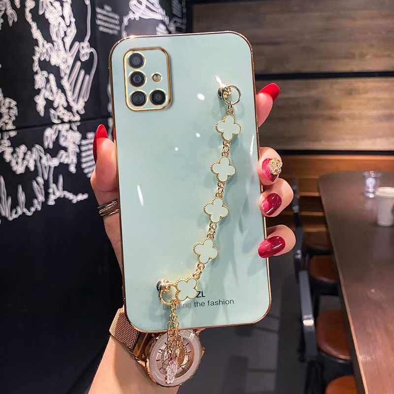 AnDyH Straight Edge Plating Phone case For Samsung Galaxy A51 casing,Precise Camera Protection cases Cute girl style cover with Four leaf clover bracelet
