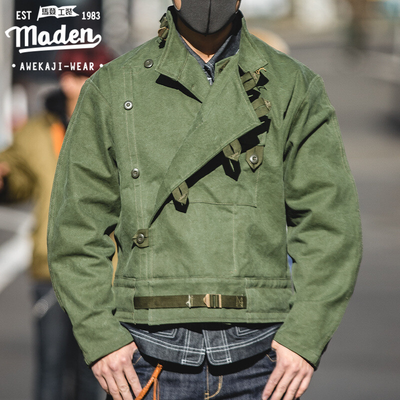 Maden bradn tooling style men young tough guy outdoor riding American vintage 1960S retro Swedish motorcycle jacket Ami khaki cotton men's wash water army green jacket