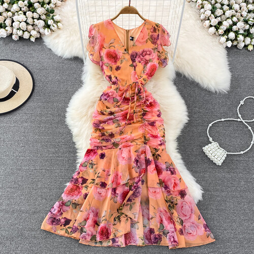 Gorgeous and Elegant Korean Version of The Ladylike Temperament V-neck Lotus Leaf Sleeves Slim Mid-length Printed A-line Fishtail Dress 2022 Summer New