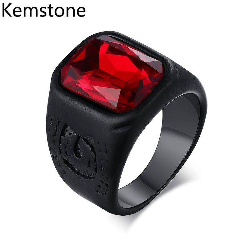 Kemstone Fashion Black Plated Stainless Steel Inlay Square Red Crystal Rings for Men