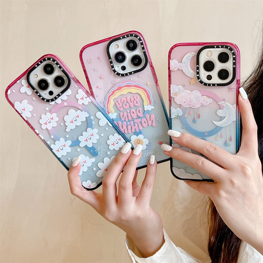 Moon Clouds Magsafe Compatiable Gradient Acrylic Case for iPhone 15 14 13 12 11 Pro Max 14 Plus Magsafe Phone Case Clear Premium Quality Wireless Charge Support Hard Acrylic Clear Phone Protective Shockproof Transparent Case Cover