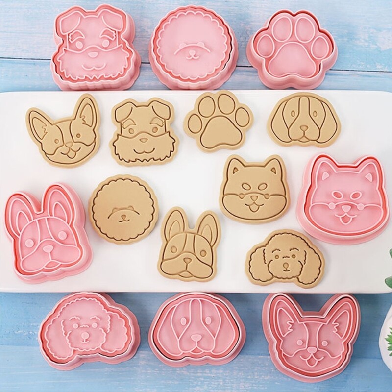 8Pcs Cute Dogs Head Pattern Cookie Cutters Set Cartoon Pressable Biscuits Mold Plastic Cookie Stamps DIY Baking Tool