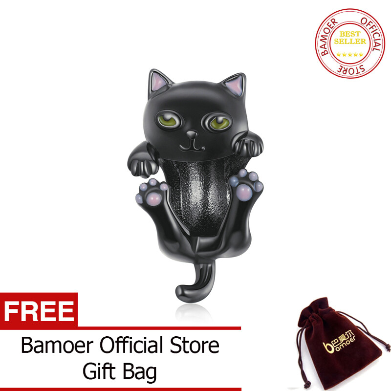 BAMOER Genuine Original Women Silver Bracelet 925 Sterling Cartoon black cat Metal Charm for DIY Jewelry Making beads BSC404