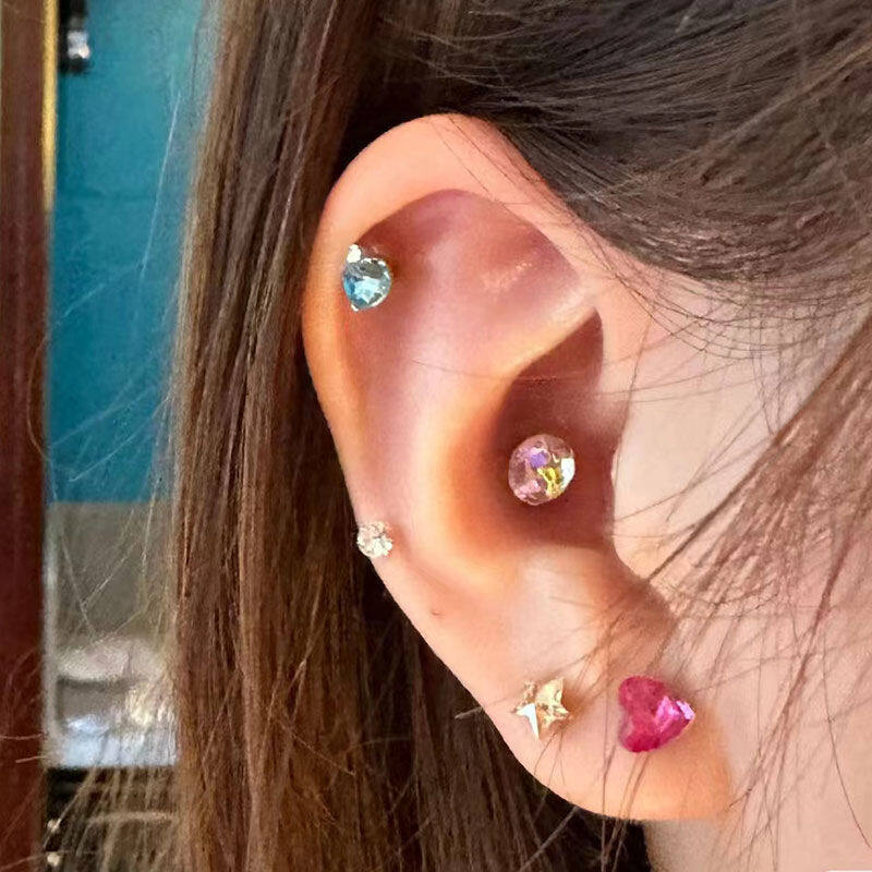 5Pcs Y2K Mini Colorful Round Diamond Heart Ear Cartilage Piercing Lobe Stud Earring For Women