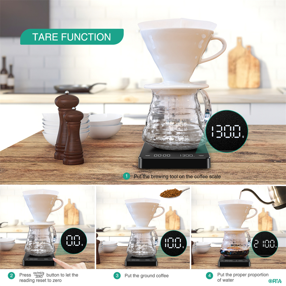 ORIA Digital Coffee Scale, Rechargeable Coffee Scale with Timer, 3kg/0.1g Drip Espresso Scale with Touch Sensor Operation and Invisible Screen, Measures in Grams, Ounces, and Milliliter Black