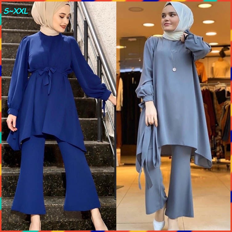 2ชิ้นชุด Baju Raya เสื้อสตรีแฟชั่น Muslimah Jubah ชุดยาว Baju Kurung Moden Kebaya กระโปรง Baju Melayu Kaftan เสื้อคลุมมุสลิมสวมใส่กระโปรง Peplum Palazo Seluar เสื้อผ้าผู้หญิงเสื้อผ้า Hari Raya Eid Ramadan Al-Adha Mubarak Lebaran Lesser 831