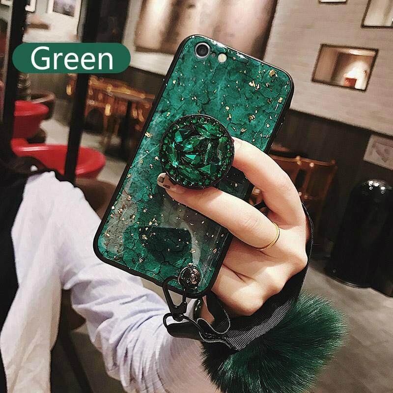 Untuk Vivo Y81 Y81i Y83 Lembut Tekstur Marmer Case Cover untuk Vivo Y 83 Y 81 Y 81i Emerald dan Violet ungu Perumahan Shell dengan Rambut Bola dan Pemegang