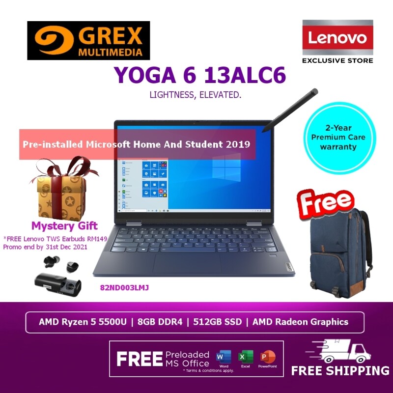 LENOVO YOGA 6 13ALC6 13 82ND003LMJ Abyss Blue | AMD Ryzen 5 5500U | 8GB DDR4 | 512GB SSD | AMD Radeon Graphics | W10H | MS OFFICE H&S | 2 years Warranty | *FREE Lenovo TWS Earbuds RM149 Promo end by 31st Dec 2021 Malaysia