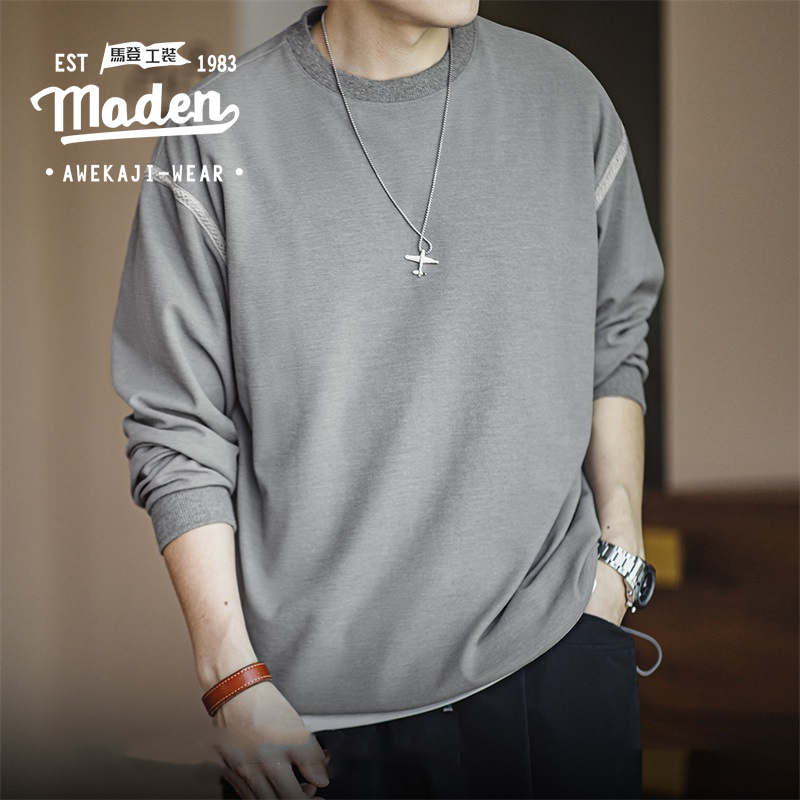 MADEN brand men youth 2024 spring new basic American casual waffle hoodie texture round neck pullover with bottom long sleeves