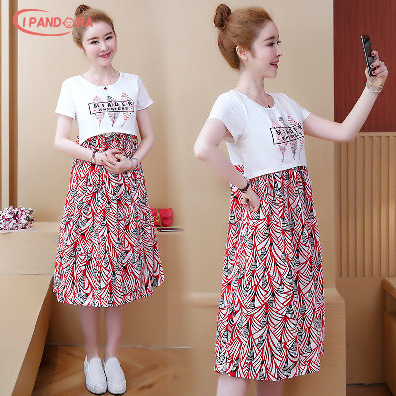 IP Maternity Dress Short Sleeve Breastfeeding Pregnant Woman Floral Dress Female