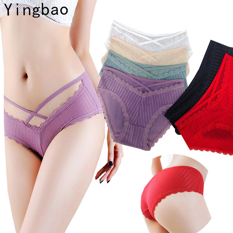Yingbao Lace Underwear Panties Women Ladies Sexy Low Waist Teen Girls Breathable Ice ultra-thin Transparent Female Seamless Cute Brief Lingerie