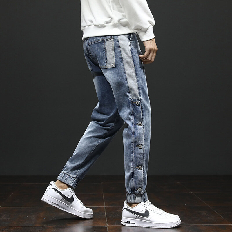 Striped jeans men cotton single breasted drawstring deep blue light blue