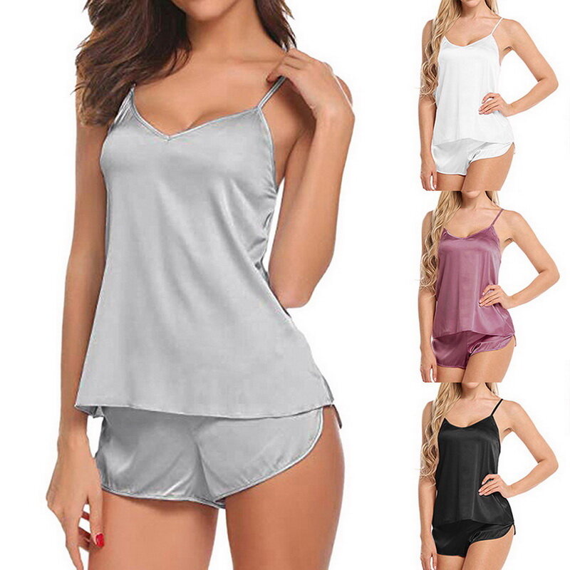 Summer Ladies Sexy Pajamas Set Sleeveless Tops Shorts Set Satin Silk Imitation Silk Pajamas Pjs Fashion Pajamas Pajamas Ladies New Style