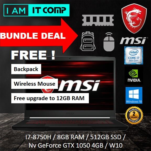 (2020 NEW BUNDLE) MSI GF63 8RC-635MY 15.6 Gaming Laptop (i7-8750H/8GB/512GB/NV GTX1050/W10H) Free upgrade to 12GB RAM, Wireless mouse and Backpack Malaysia