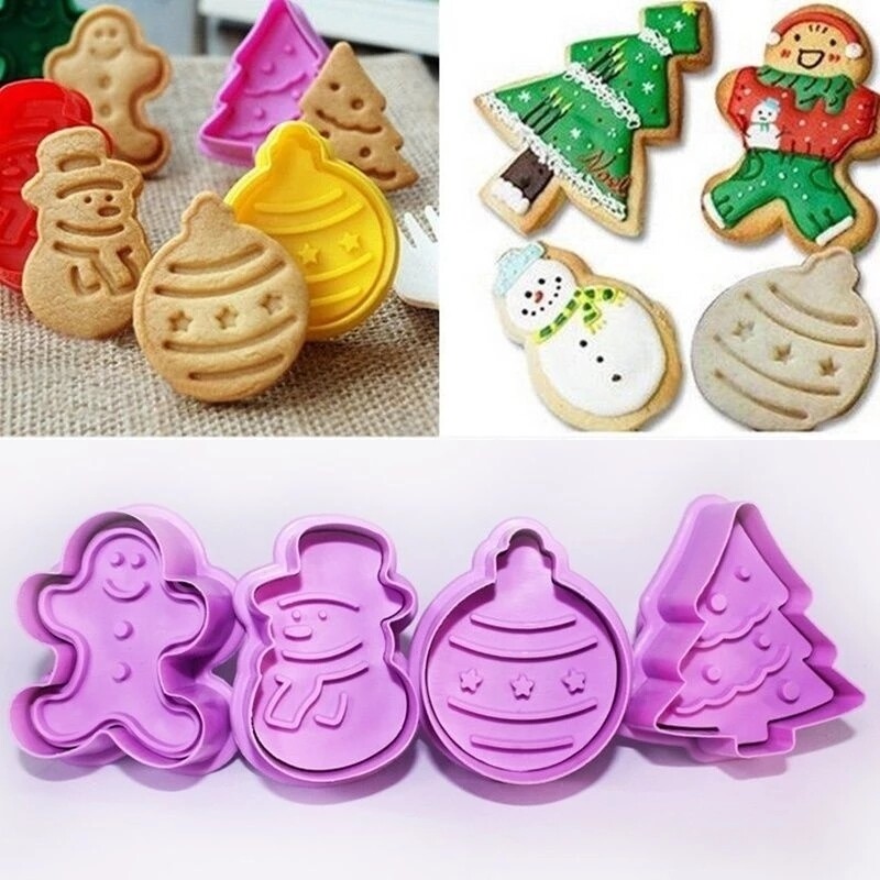 4Pcs Christmas Cookie Biscuit Plunger Cutter Mould Fondant Snowman/ Xmas Tree Choclate Baking Mold