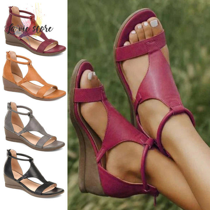 women casual leather comfy wedge sandals